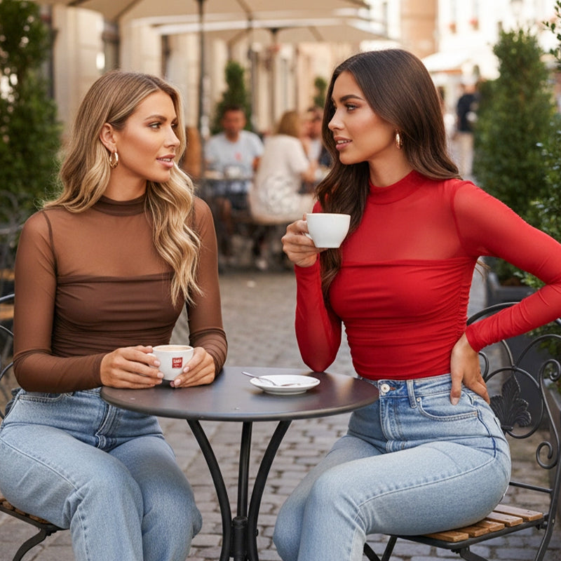 💃Last Day Sales -50% OFF🎉Women's Sparkle Mesh Sheer Long Sleeve Ruched Top
