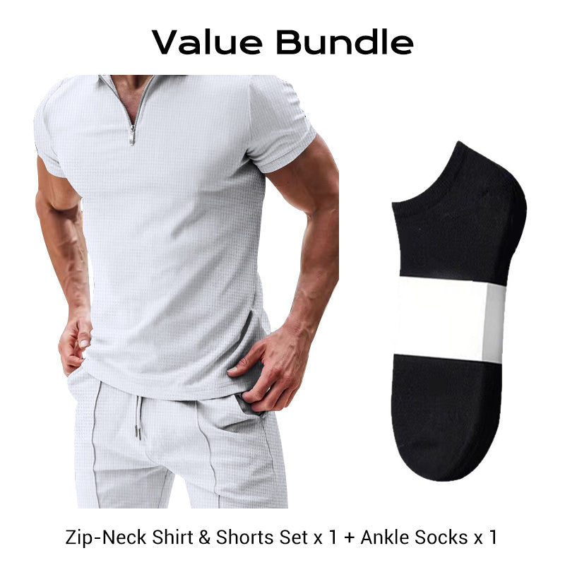 Summer Casual Zip-Neck Shirt & Shorts Set